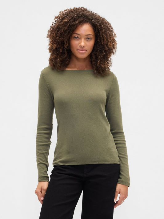 Yeşil Modern Boatneck Yakalı T-shirt