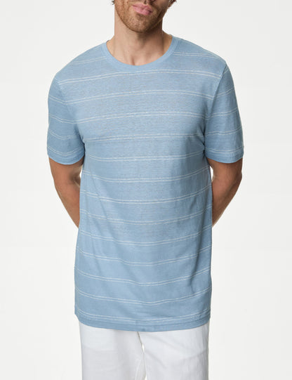 Kısa Kollu Çizgili Saf Keten T-shirt