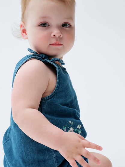 Mavi Çiçekli Işlemeli Denim Tulum