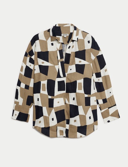 Keten Geometrik Desenli Relaxed Fit Gömlek
