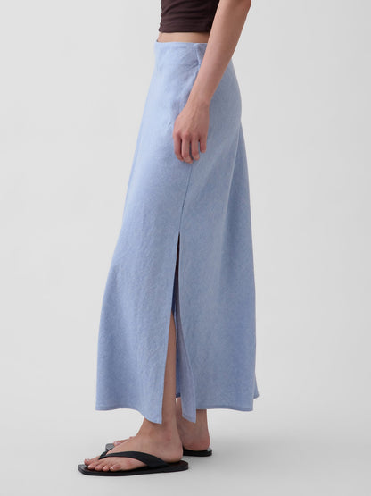 Açık Mavi Keten Karışımı Maxi Slip Etek