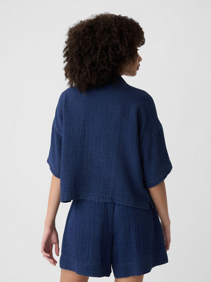Koyu Mavi Gauze Crop Bluz