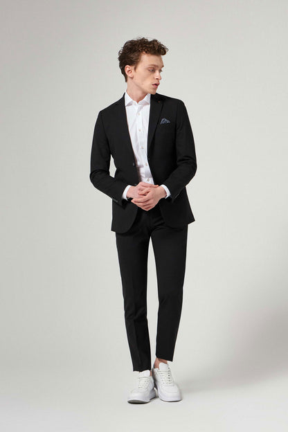 Tween Slim Fit Siyah Düz Yünlü Bi Stretch Takim Elbise