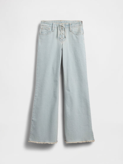Açık Mavi Low Rise Lace-up Relaxed Flare Jean Pantolon