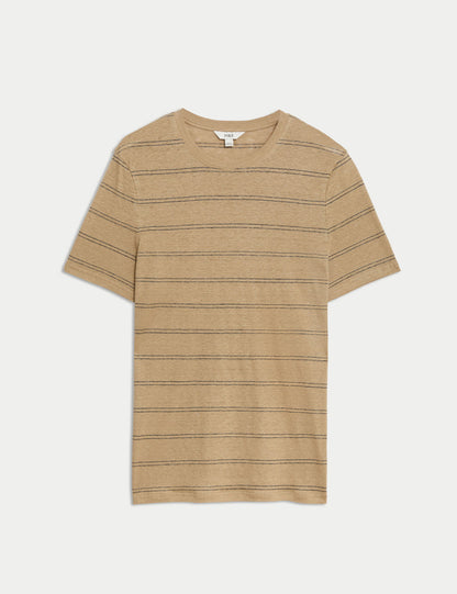 Kısa Kollu Çizgili Saf Keten T-shirt