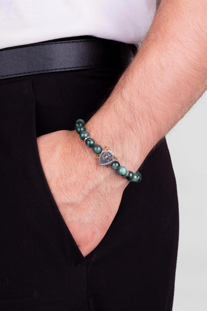 Selçuklu Kartalı Yeşil Akik Taşlı Cilalı Gümüş Erkek Bileklik 07273670499