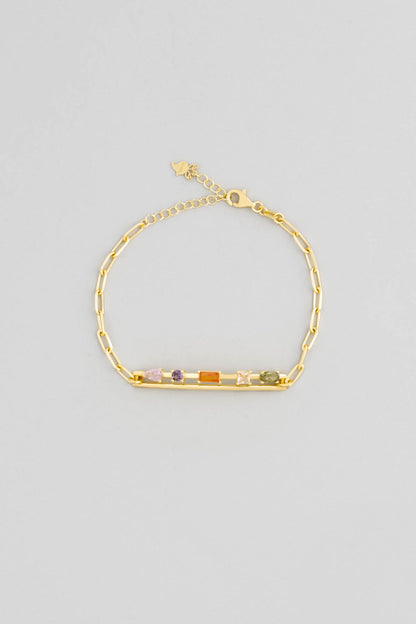 Renkli Taşlı 18 Ayar Sarı Altın Kaplama 19 Cm Gümüş Kelepçe Bileklik 07283201344
