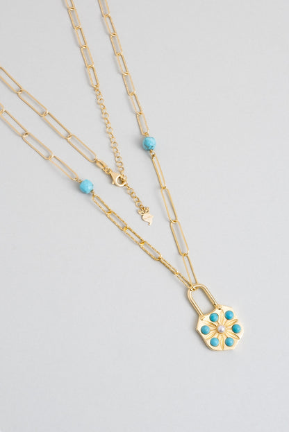 Mistik Anahtar 18 Ayar Sarı Altın Kaplama 52 Cm Gümüş Turkuaz Kolye 07293431644