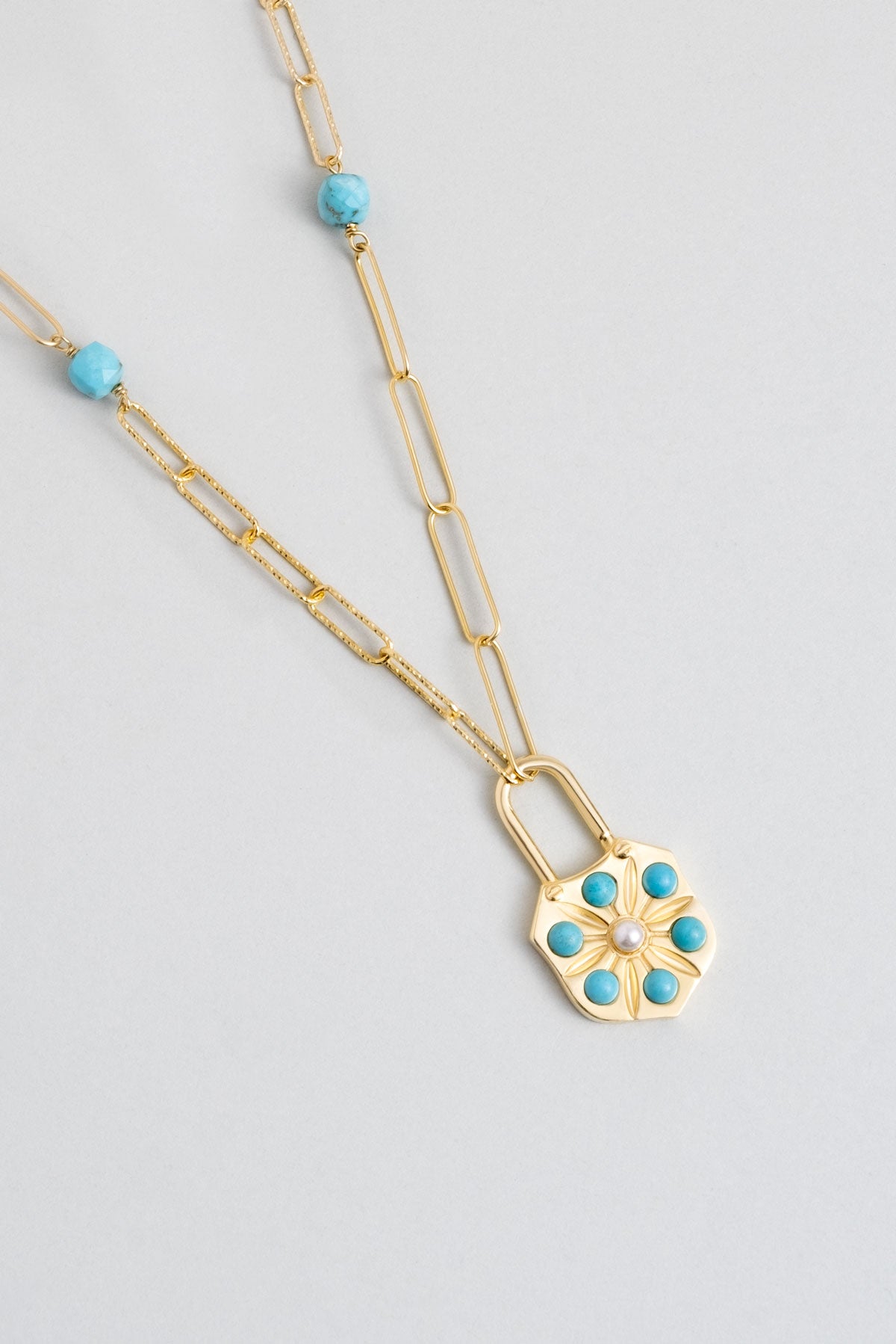 Mistik Anahtar 18 Ayar Sarı Altın Kaplama 52 Cm Gümüş Turkuaz Kolye 07293431644