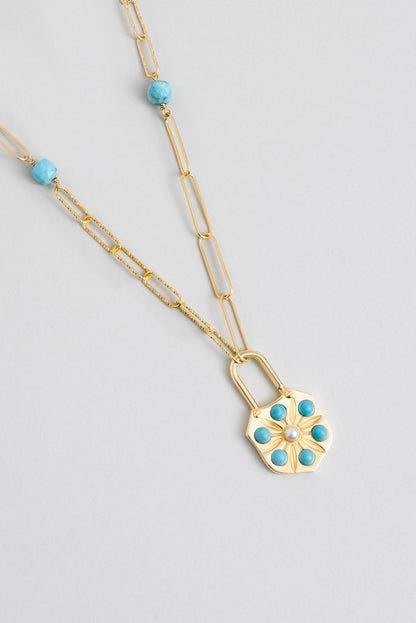 Mistik Anahtar 18 Ayar Sarı Altın Kaplama 52 Cm Gümüş Turkuaz Kolye 07293431644