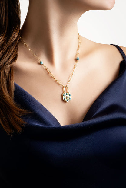 Mistik Anahtar 18 Ayar Sarı Altın Kaplama 52 Cm Gümüş Turkuaz Kolye 07293431644