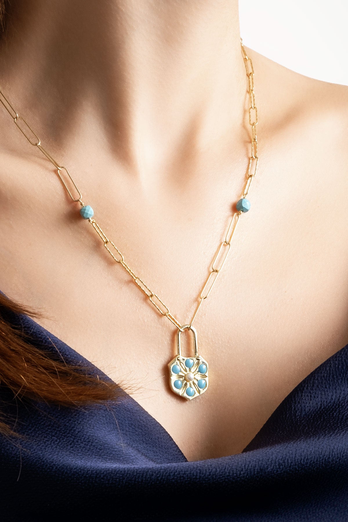 Mistik Turkuaz 18 Ayar Sarı Altın Kaplama 53 Cm Gümüş Kolye 07293471644