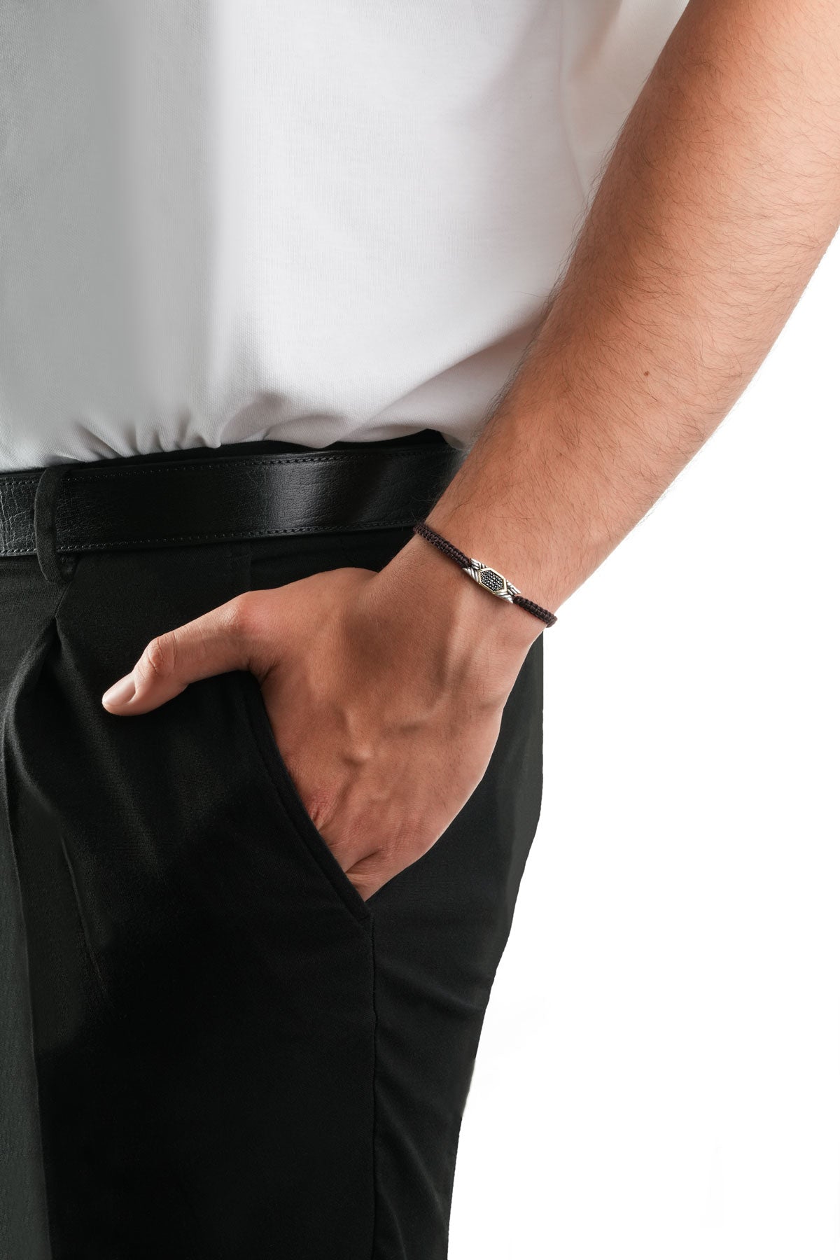 Kahverengi Ipli 14 Ayar Altın Erkek Gümüş Ipli Bileklik 07295101199