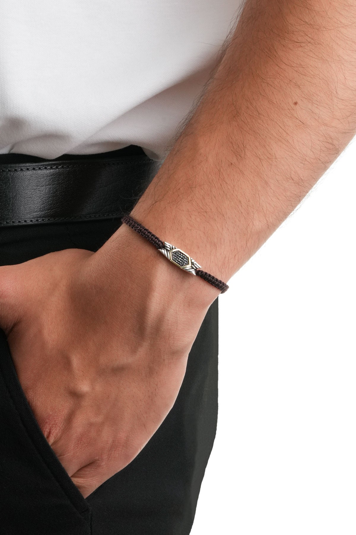 Kahverengi Ipli 14 Ayar Altın Erkek Gümüş Ipli Bileklik 07295101199