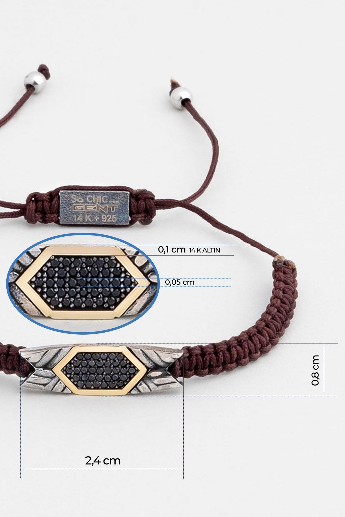 Kahverengi Ipli 14 Ayar Altın Erkek Gümüş Ipli Bileklik 07295101199