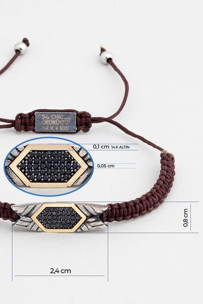 Kahverengi Ipli 14 Ayar Altın Erkek Gümüş Ipli Bileklik 07295101199