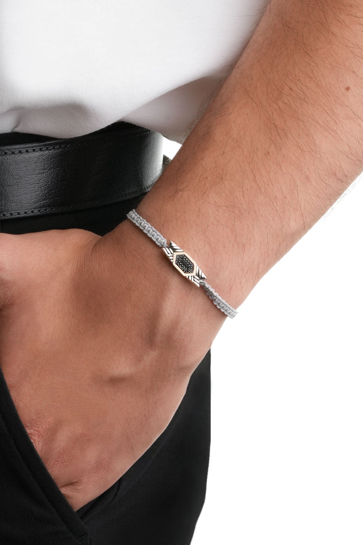 Gri Ipli 14 Ayar Altın Erkek Gümüş Ipli Bileklik 07295109099