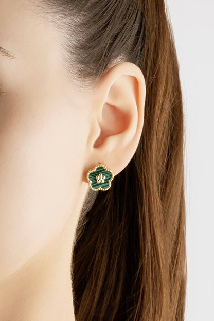 Malahit Yoncası 18 Ayar Sarı Altın Kaplama Gümüş Küpe 07299400444