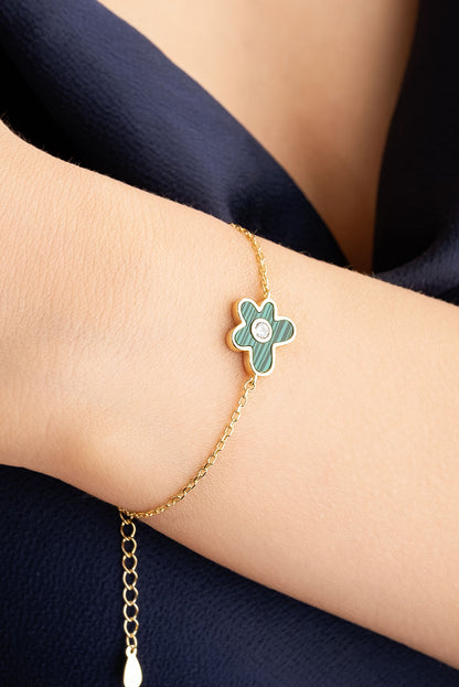 Malahit Çiçeği 18 Ayar Sarı Altın Kaplama 19 Cm Gümüş Bileklik 07299470444