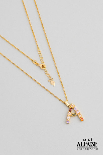 Mini A Harfi Günışığı Renkli 18 Ayar Sarı Altın Kaplama 45 Cm Gümüş Kolye 07300001344