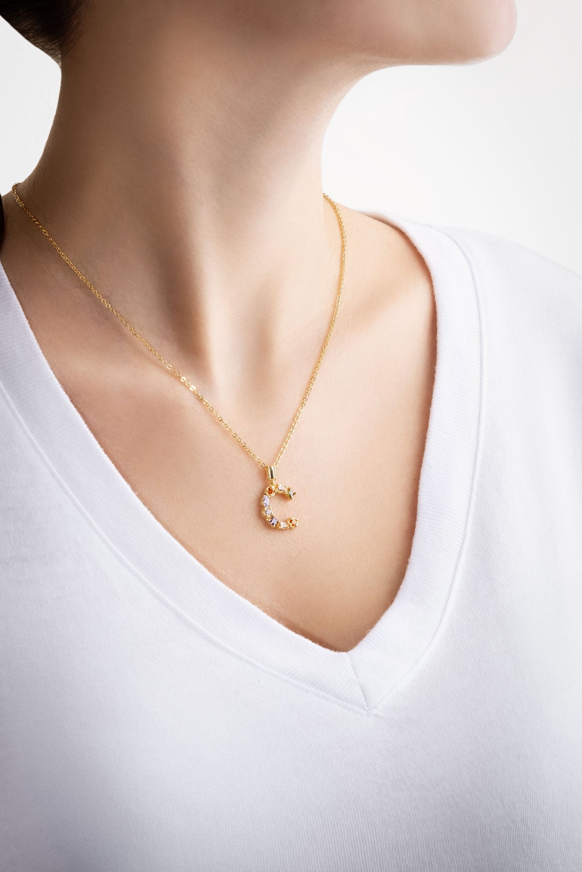 Mini C Harfi Günışığı Renkli 18 Ayar Sarı Altın Kaplama 45 Cm Gümüş Kolye 07300021344