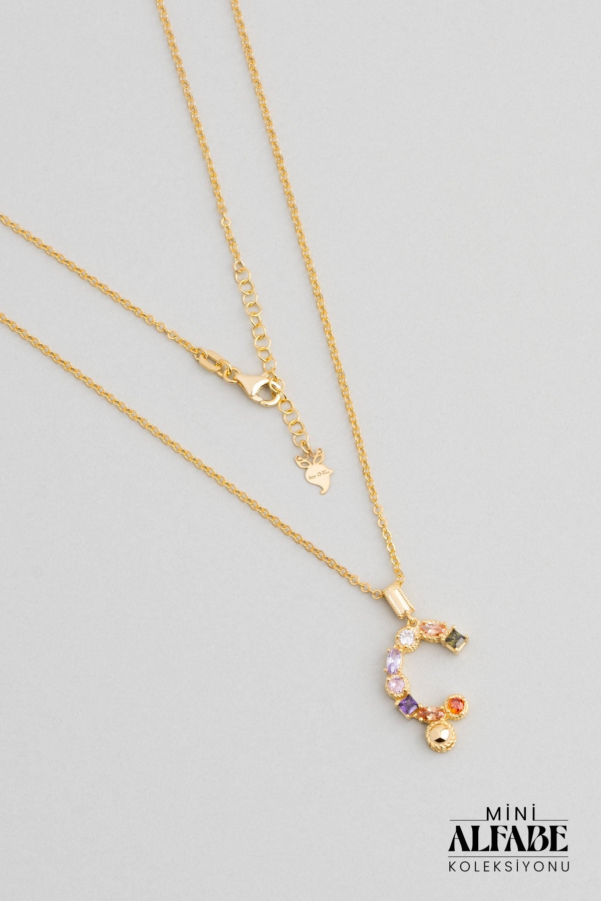 Mini Ç Harfi Günışığı Renkli 18 Ayar Sarı Altın Kaplama 45 Cm Gümüş Kolye 07300031344