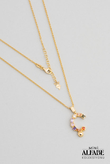 Mini Ç Harfi Günışığı Renkli 18 Ayar Sarı Altın Kaplama 45 Cm Gümüş Kolye 07300031344