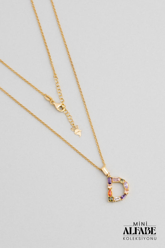 Mini D Harfi Günışığı Renkli 18 Ayar Sarı Altın Kaplama 45 Cm Gümüş Kolye 07300041344