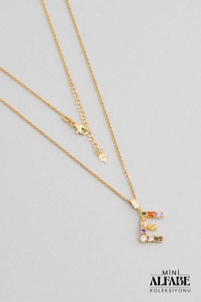 Mini E Harfi Günışığı Renkli 18 Ayar Sarı Altın Kaplama 45 Cm Gümüş Kolye 07300051344