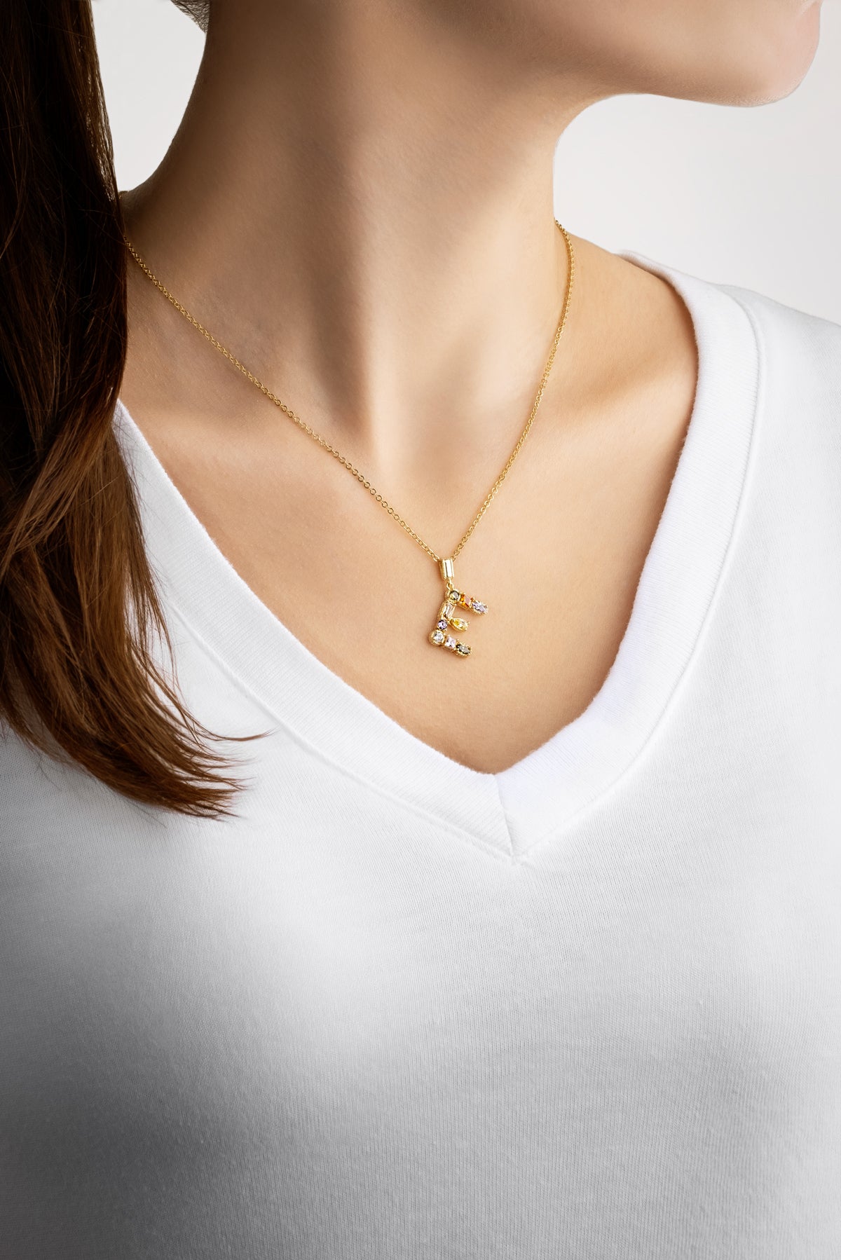 Mini E Harfi Günışığı Renkli 18 Ayar Sarı Altın Kaplama 45 Cm Gümüş Kolye 07300051344