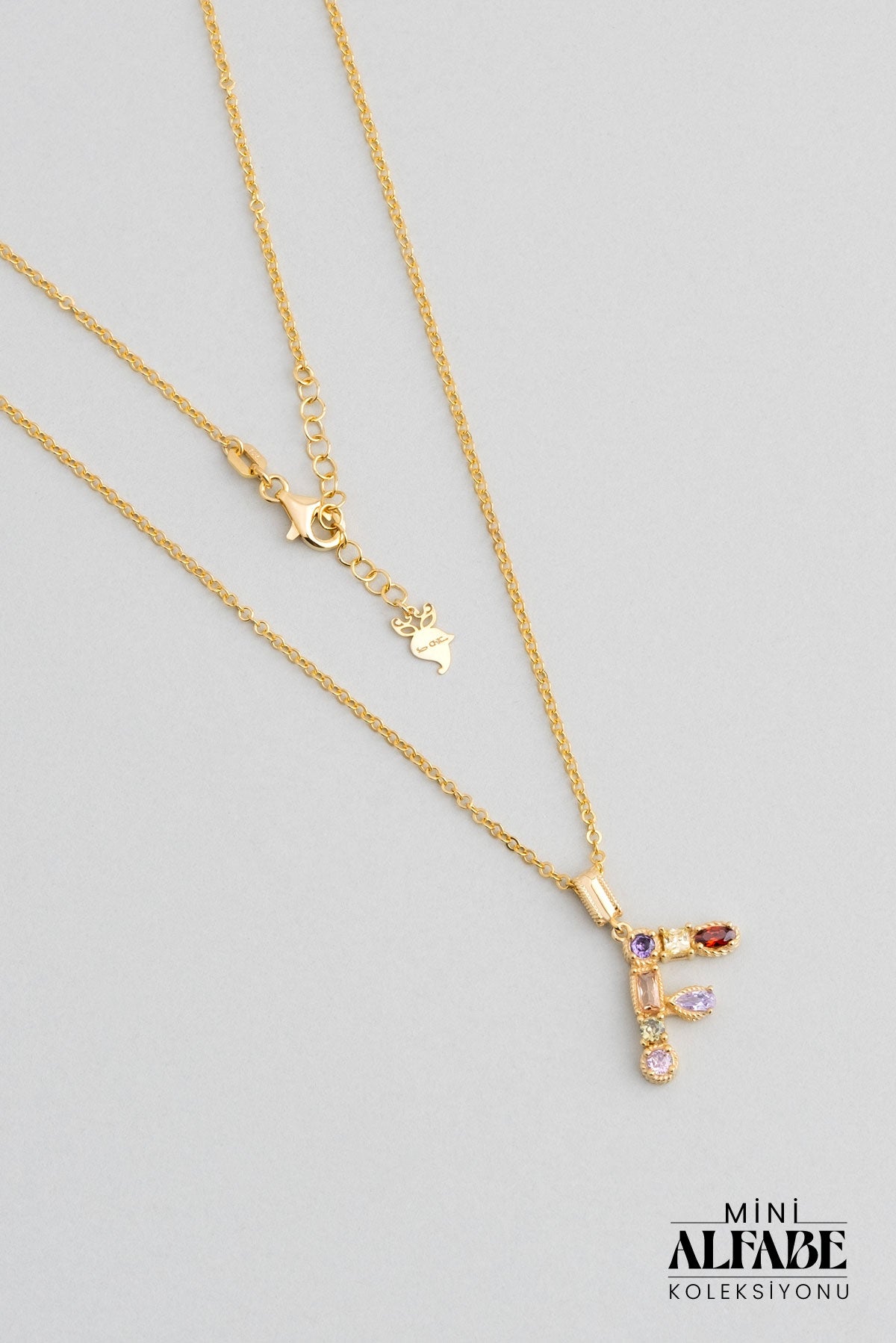 Mini F Harfi Günışığı Renkli 18 Ayar Sarı Altın Kaplama 45 Cm Gümüş Kolye 07300061344