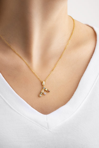 Mini F Harfi Günışığı Renkli 18 Ayar Sarı Altın Kaplama 45 Cm Gümüş Kolye 07300061344