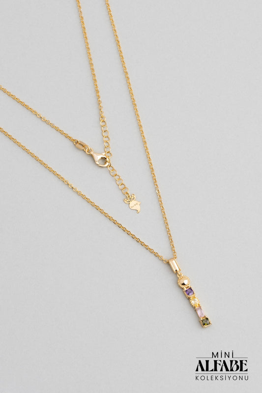 Mini I Harfi Günışığı Renkli 18 Ayar Sarı Altın Kaplama Gümüş Kolye 07300101344
