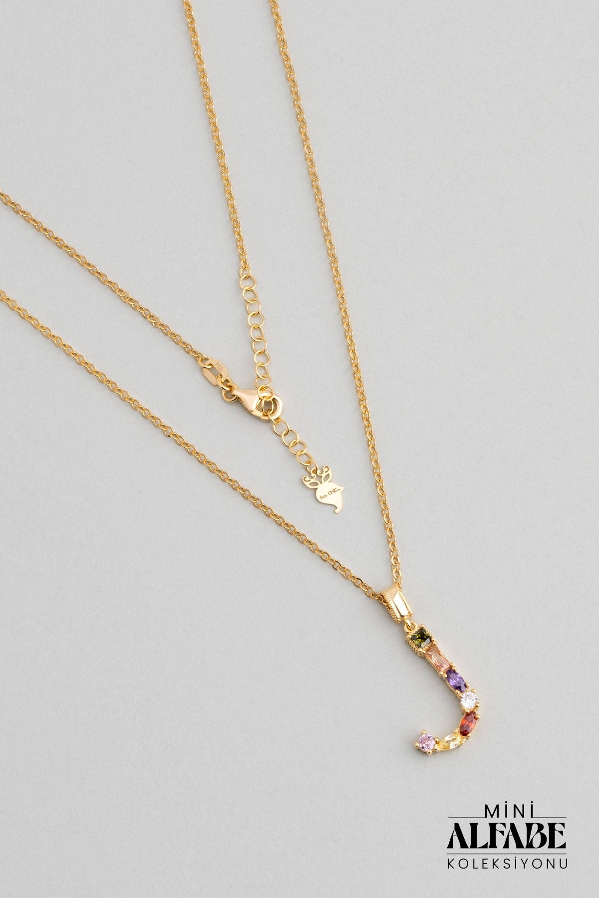 Mini J Harfi Günışığı Renkli 18 Ayar Sarı Altın Kaplama Gümüş Kolye 07300111344