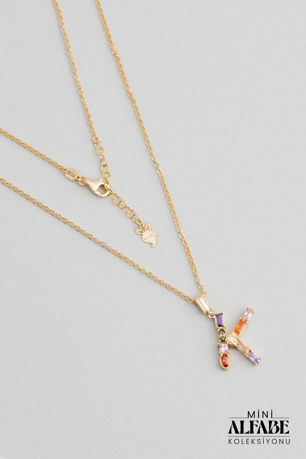 Mini K Harfi Günışığı Renkli 18 Ayar Sarı Altın Kaplama Gümüş Kolye 07300121344