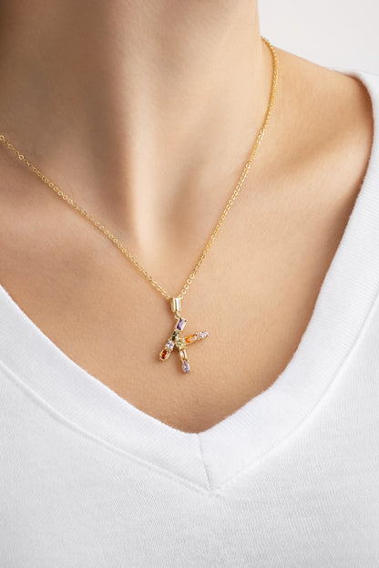 Mini K Harfi Günışığı Renkli 18 Ayar Sarı Altın Kaplama Gümüş Kolye 07300121344