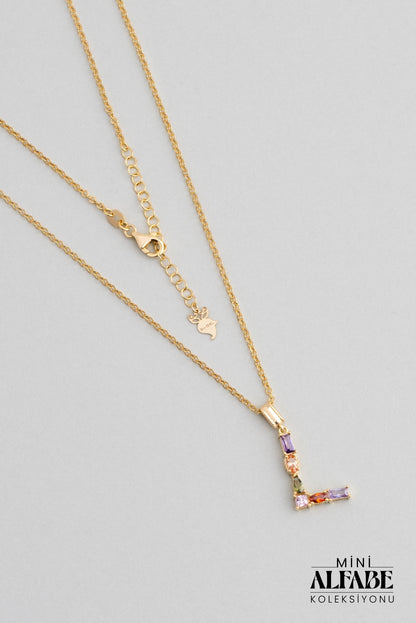 Mini L Harfi Günışığı Renkli 18 Ayar Sarı Altın Kaplama Gümüş Kolye 07300131344