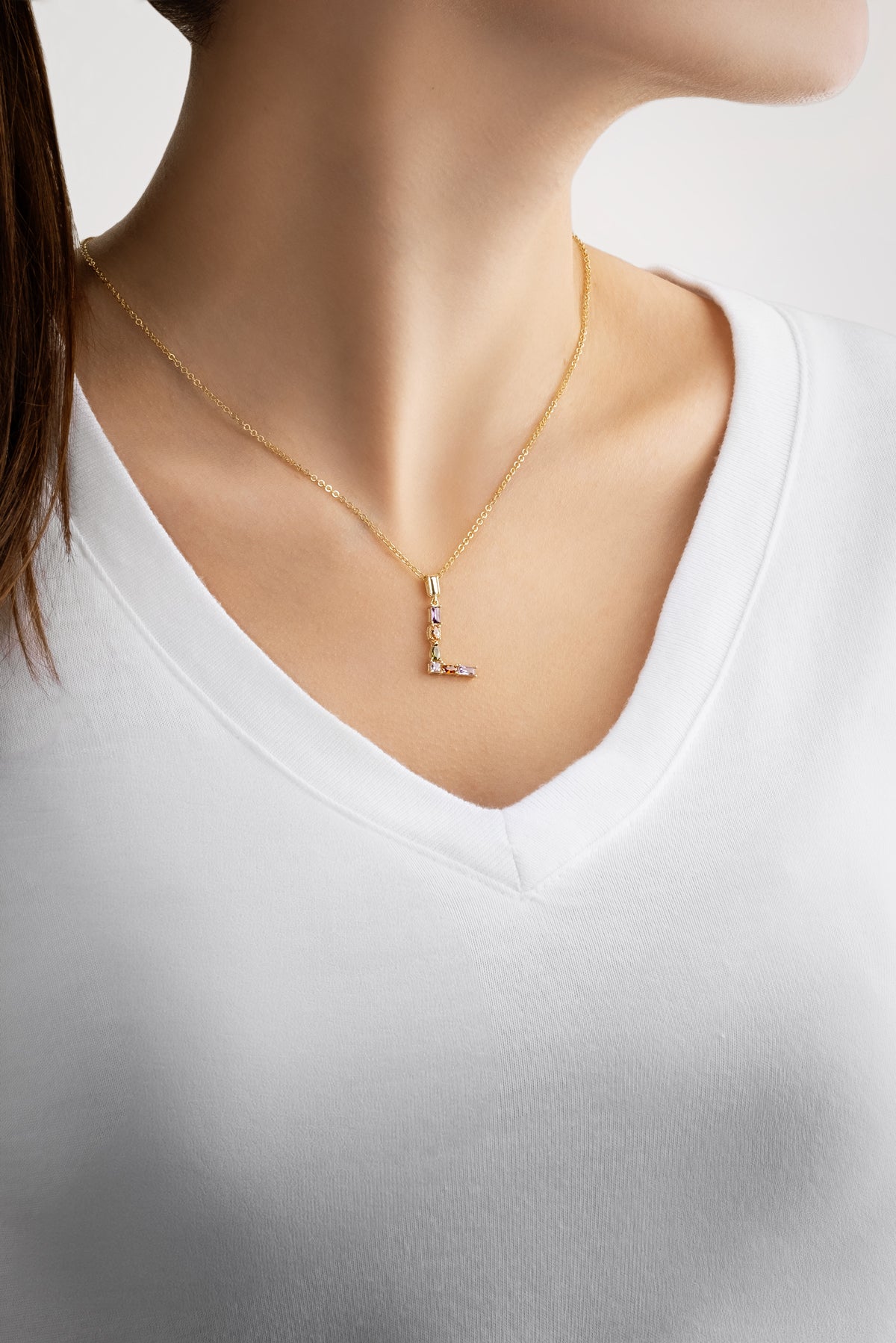 Mini L Harfi Günışığı Renkli 18 Ayar Sarı Altın Kaplama Gümüş Kolye 07300131344