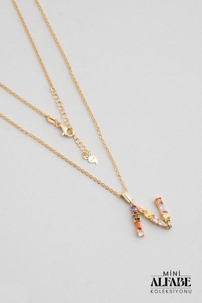 Mini N Harfi Günışığı Renkli 18 Ayar Sarı Altın Kaplama Gümüş Kolye 07300151344