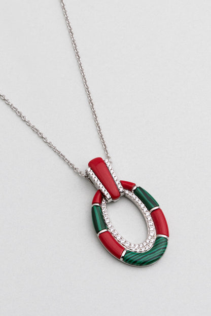 Malahit Ve Mercan Taşlı 18 Ayar Beyaz Altın Kaplama 45 Cm Gümüş Tasarım Kolye 07301400899