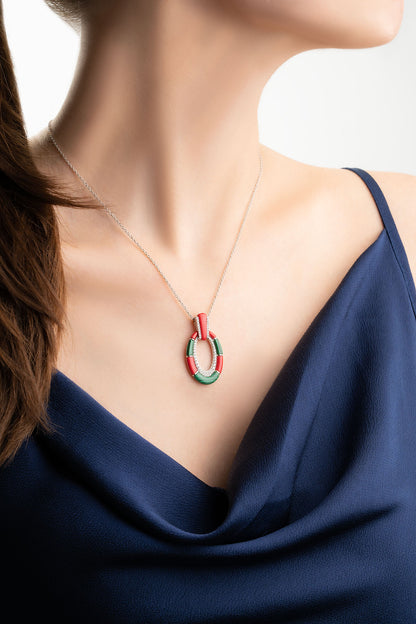 Malahit Ve Mercan Taşlı 18 Ayar Beyaz Altın Kaplama 45 Cm Gümüş Tasarım Kolye 07301400899