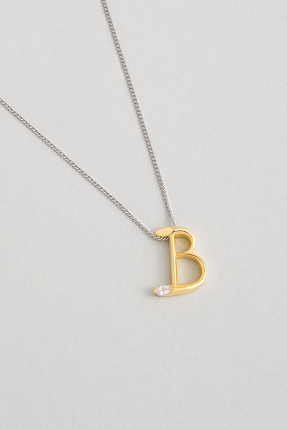 Asimetrik B Harfi 18 Ayar Beyaz Ve Sarı Altın Kaplama 45 Cm Gümüş Harfli Kolye 07302010144