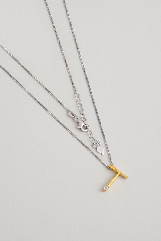 Asimetrik T Harfi 18 Ayar Beyaz Ve Sarı Altın Kaplama 45 Cm Gümüş Harfli Kolye 07302220144