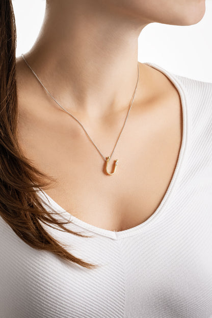 Asimetrik Ü Harfi 18 Ayar Beyaz Ve Sarı Altın Kaplama 45 Cm Gümüş Harfli Kolye 07302240144