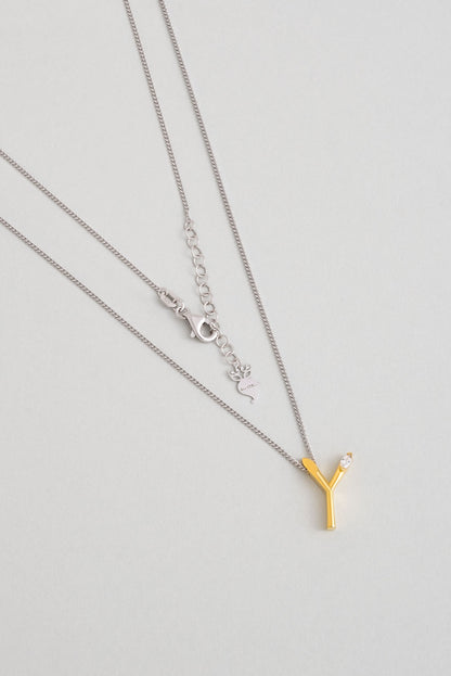 Asimetrik Y Harfi 18 Ayar Beyaz Ve Sarı Altın Kaplama 45 Cm Gümüş Harfli Kolye 07302260144