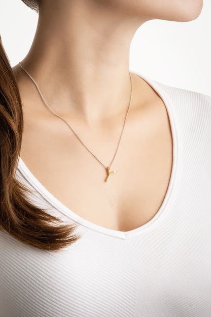 Asimetrik Y Harfi 18 Ayar Beyaz Ve Sarı Altın Kaplama 45 Cm Gümüş Harfli Kolye 07302260144