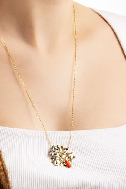 Mercan Masalı 18 Ayar Sarı Altın Kaplama 55 Cm Gümüş Uzun Kolye 07310930844