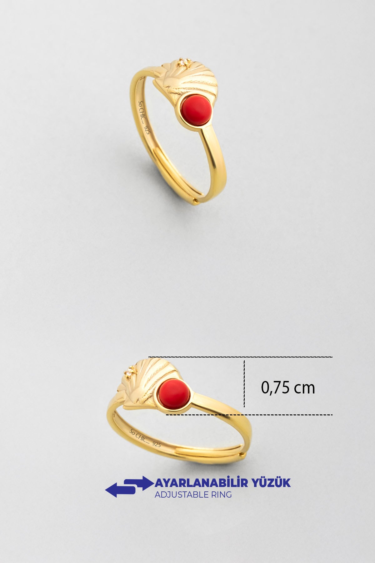 Mistik Mercan 18 Ayar Sarı Altın Kaplama Ayarlanabilir Gümüş Yüzük 07311024412
