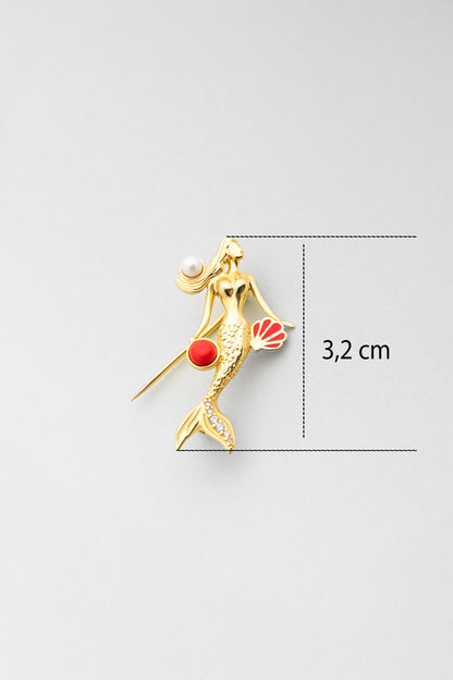 Deniz Kızı 18 Ayar Sarı Altın Kaplama Gümüş Mercan Broş 07311100844