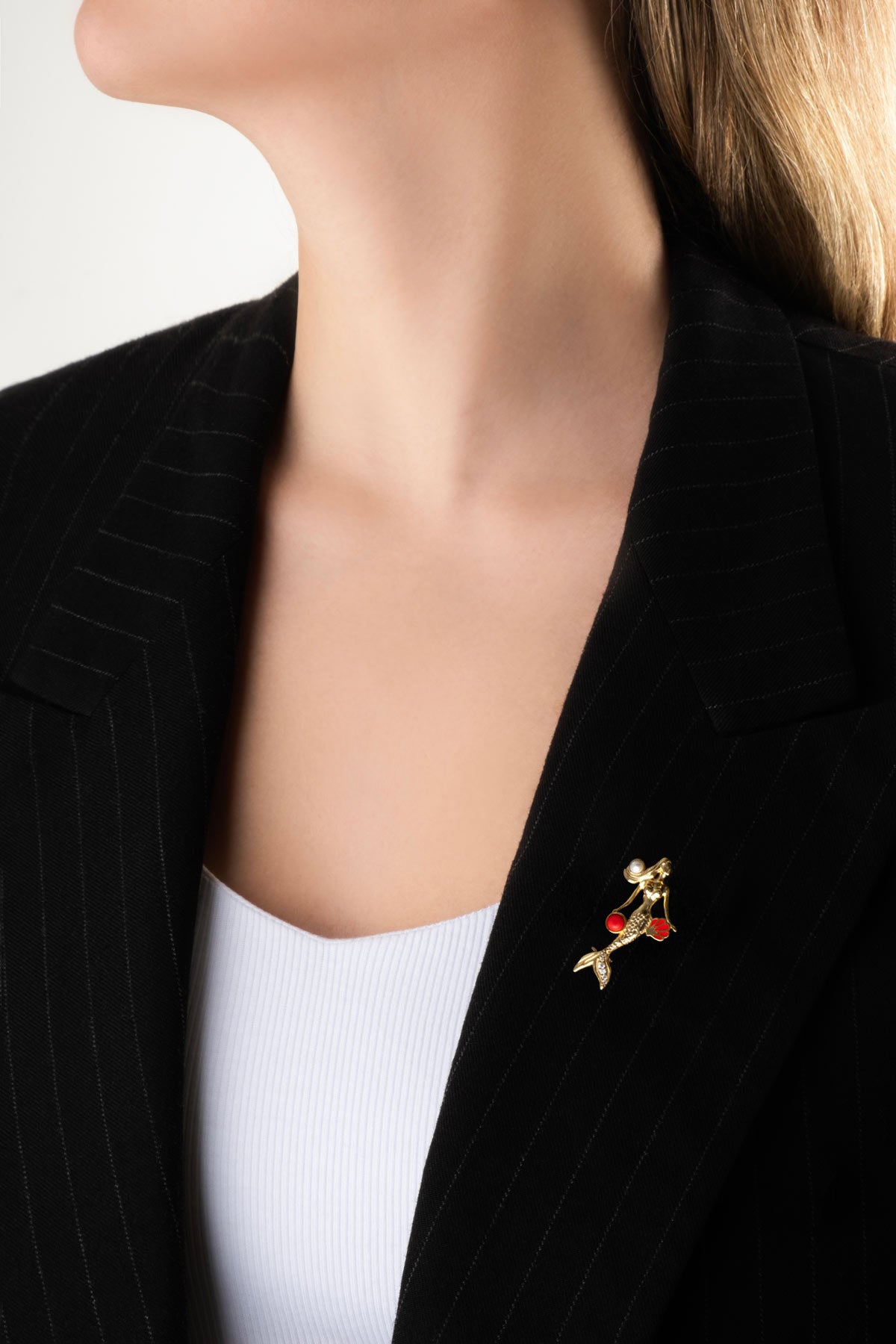 Deniz Kızı 18 Ayar Sarı Altın Kaplama Gümüş Mercan Broş 07311100844